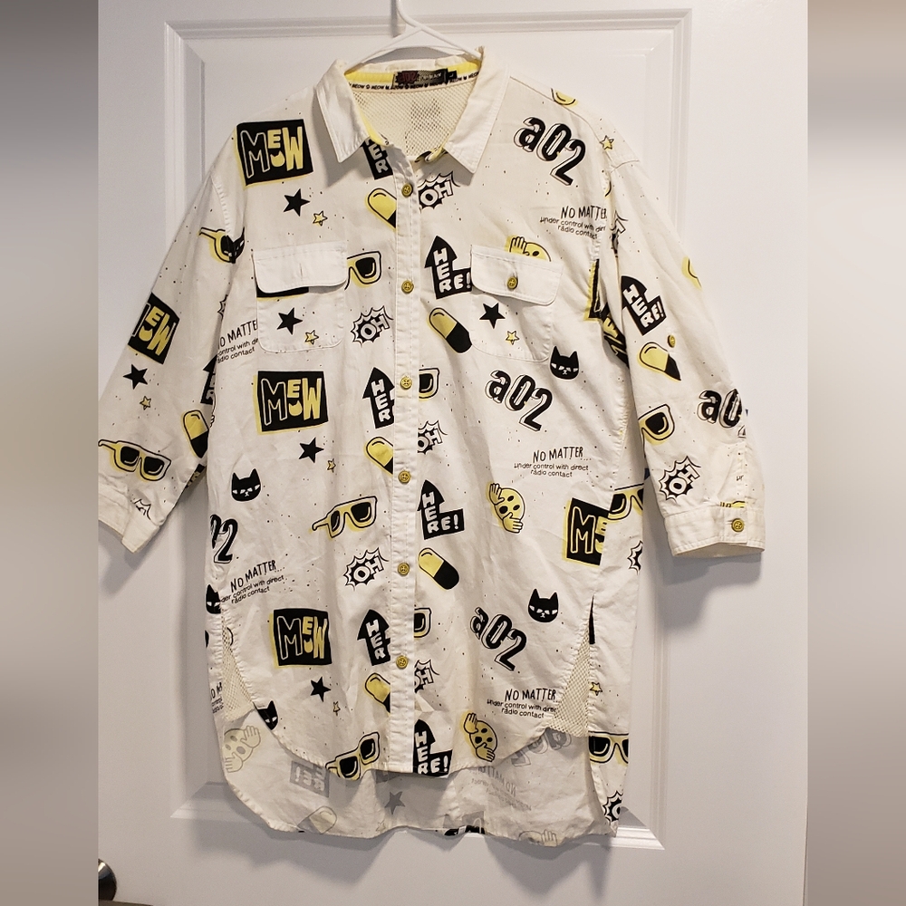 Azona AO2 Button Up Shirt Early 2000s Y2k Toby Black Cat sz Large